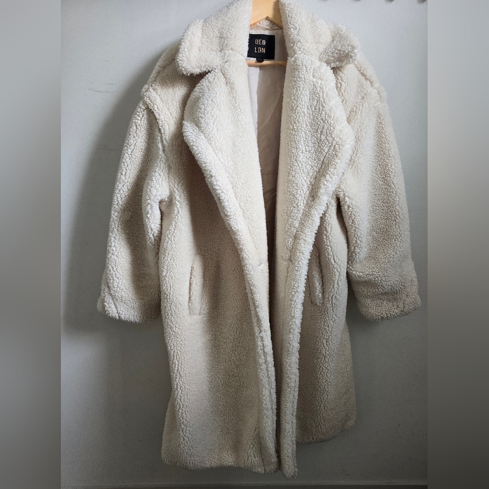 Women's Cream Faux-Shearling Long Teddy Bear Coat
